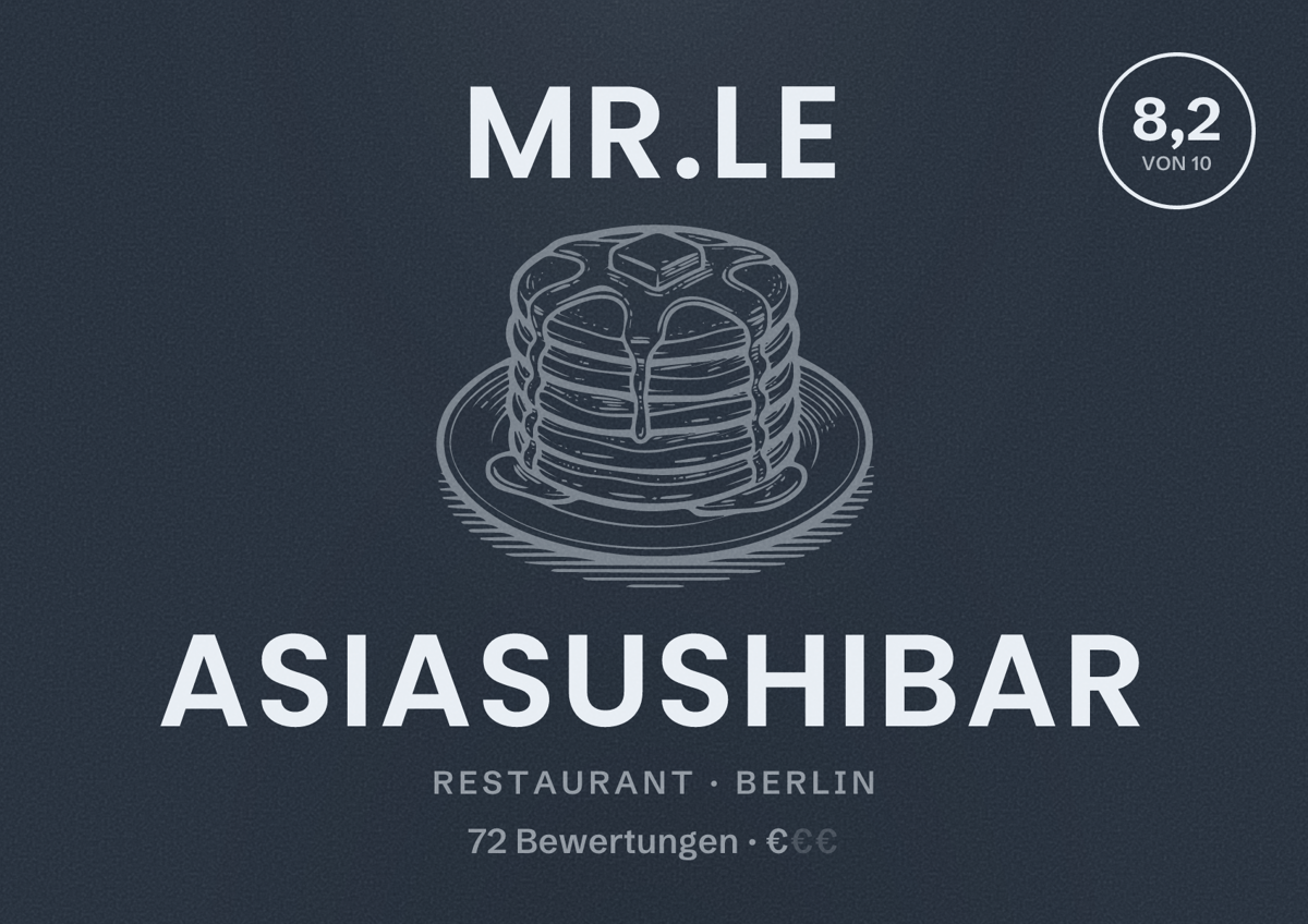 Illustriertes Poster von Mr.Le Asiasushibar, Restaurant in Berlin: Bewertung 8,2 von 10 aus 72 Bewertungen, Preisniveau €