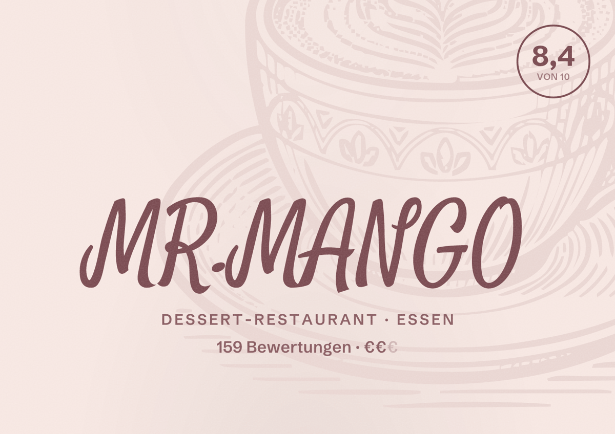 Illustriertes Poster von MR.MANGO, Dessert-Restaurant in Essen: Bewertung 8,4 von 10 aus 159 Bewertungen, Preisniveau €€