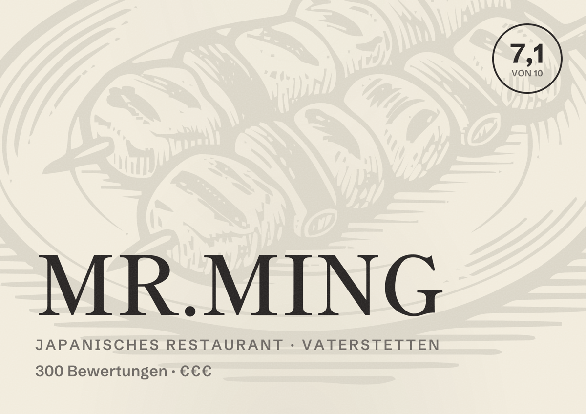 Illustriertes Poster von MR.MING, Japanisches Restaurant in Vaterstetten: Bewertung 7,1 von 10 aus 300 Bewertungen, Preisniveau €€€