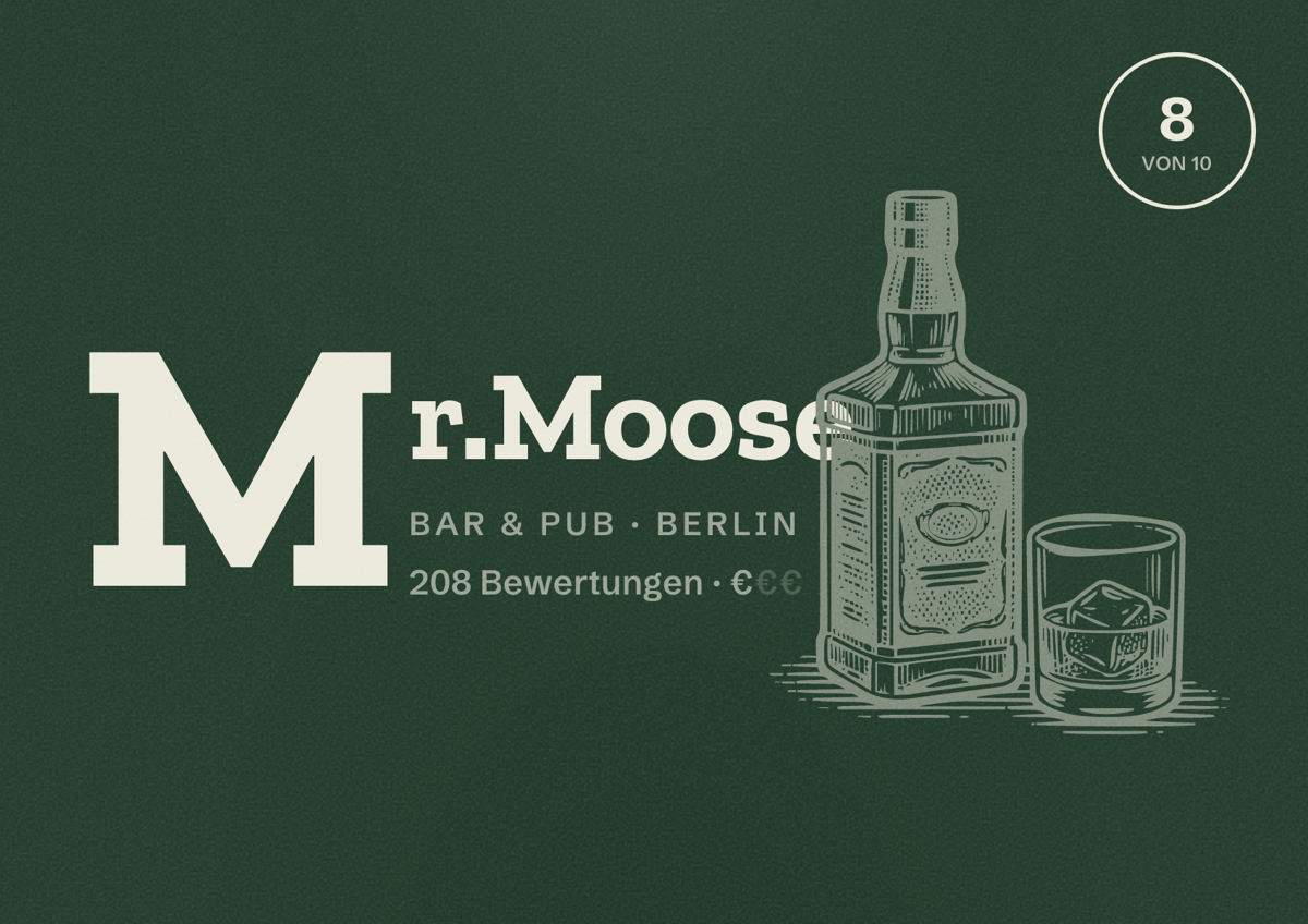 Illustriertes Poster von Mr.Moose, Bar & Pub in Berlin: Bewertung 8 von 10 aus 208 Bewertungen, Preisniveau €