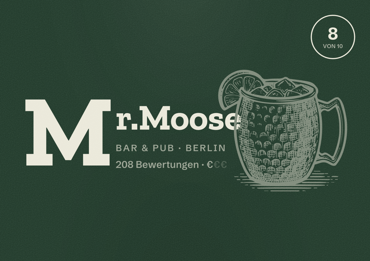 Illustriertes Poster von Mr.Moose, Bar & Pub in Berlin: Bewertung 8,0 von 10 aus 208 Bewertungen, Preisniveau €