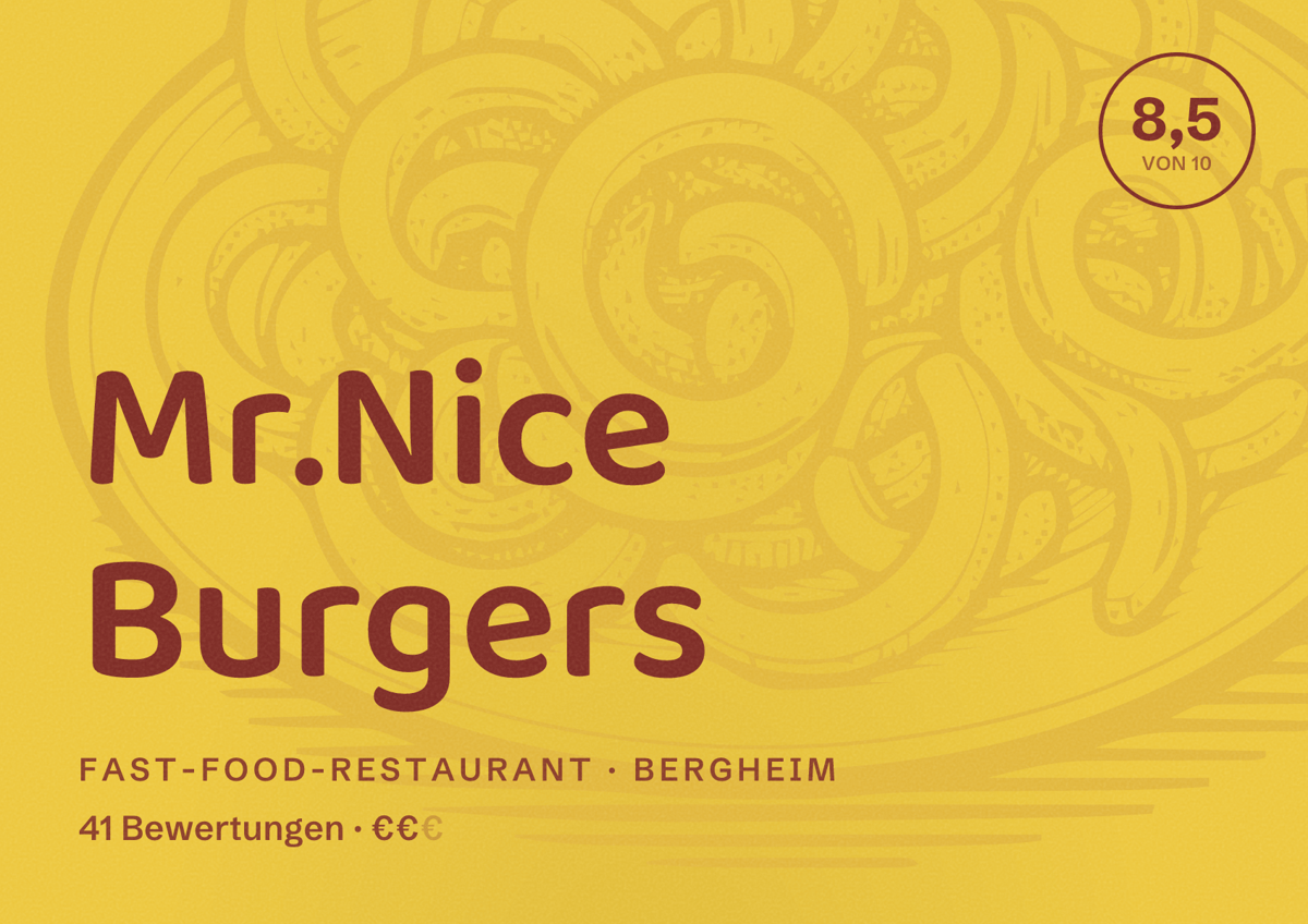 Illustriertes Poster von Mr.Nice Burgers, Fast-Food-Restaurant in Bergheim: Bewertung 8,5 von 10 aus 41 Bewertungen, Preisniveau €€
