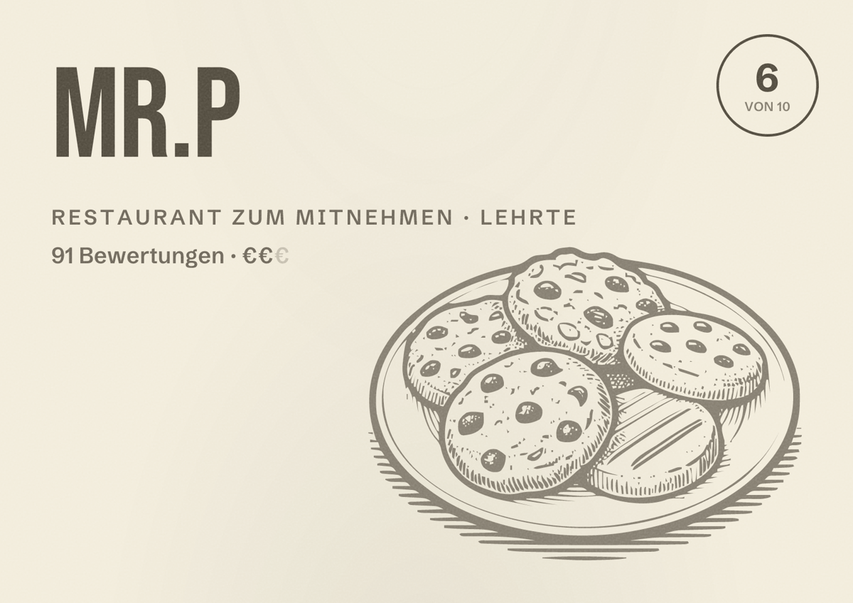 Illustriertes Poster von Mr.P, Restaurant zum Mitnehmen in Lehrte: Bewertung 6 von 10 aus 91 Bewertungen, Preisniveau €€
