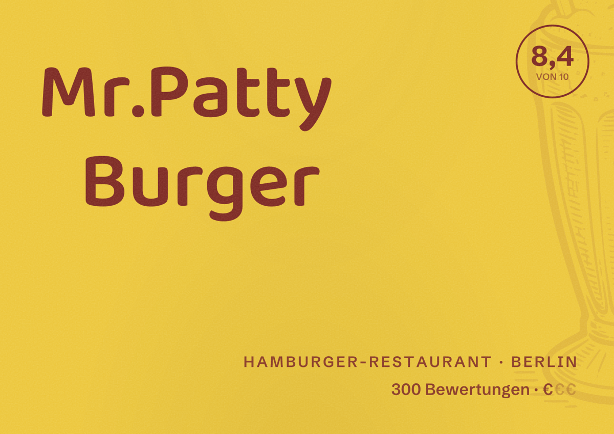 Illustriertes Poster von Mr.Patty Burger, Hamburger-Restaurant in Berlin: Bewertung 8,4 von 10 aus 300 Bewertungen, Preisniveau €