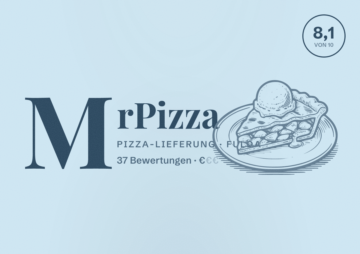 Illustriertes Poster von MrPizza, Pizza-Lieferung in Fulda: Bewertung 8,1 von 10 aus 37 Bewertungen, Preisniveau €