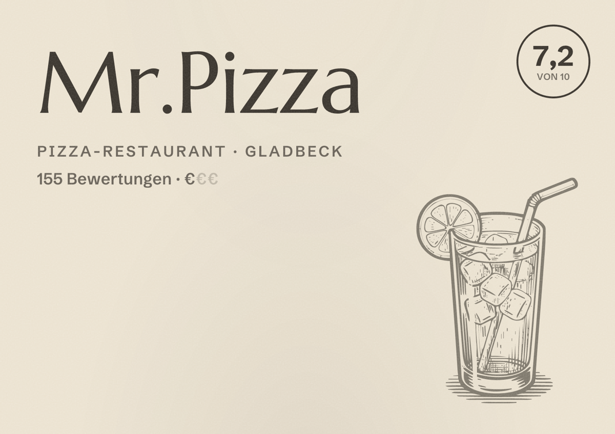 Illustriertes Poster von Mr.Pizza, Pizza-Restaurant in Gladbeck: Bewertung 7,2 von 10 aus 155 Bewertungen, Preisniveau €