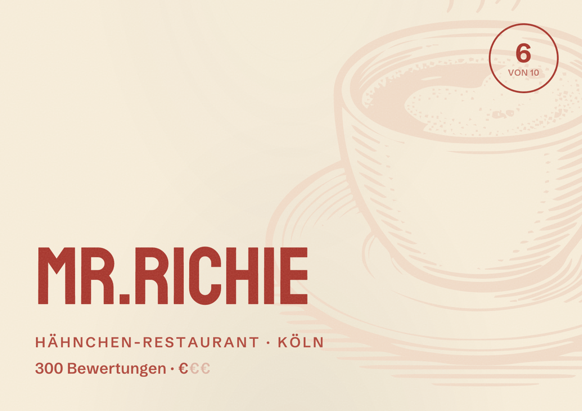 Illustriertes Poster von Mr.Richie, Hähnchen-Restaurant in Köln: Bewertung 6,0 von 10 aus 300 Bewertungen, Preisniveau €