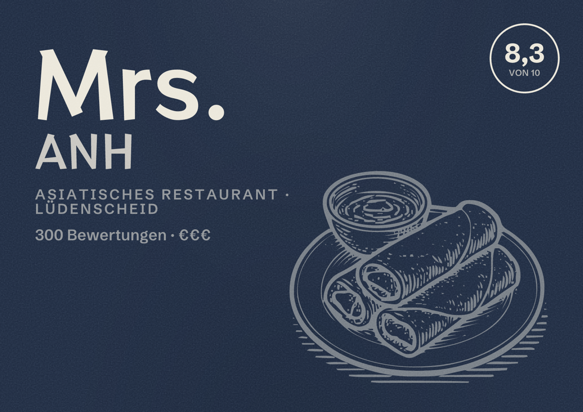 Illustriertes Poster von Mrs. ANH, Asiatisches Restaurant in Lüdenscheid: Bewertung 8,3 von 10 aus 300 Bewertungen, Preisniveau €€€