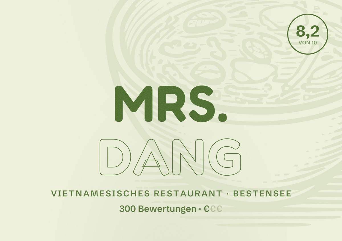 Illustriertes Poster von Mrs. Dang, Vietnamesisches Restaurant in Bestensee: Bewertung 8,2 von 10 aus 300 Bewertungen, Preisniveau €