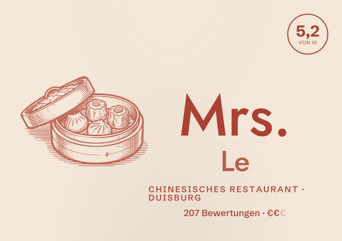 Illustriertes Poster von Mrs. Le, Chinesisches Restaurant in Duisburg: Bewertung 5,2 von 10 aus 207 Bewertungen, Preisniveau €€