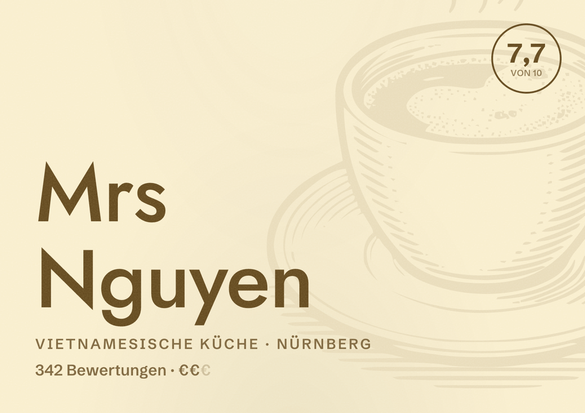 Illustriertes Poster von Mrs Nguyen, Vietnamesische Küche in Nürnberg: Bewertung 7,7 von 10 aus 342 Bewertungen, Preisniveau €€