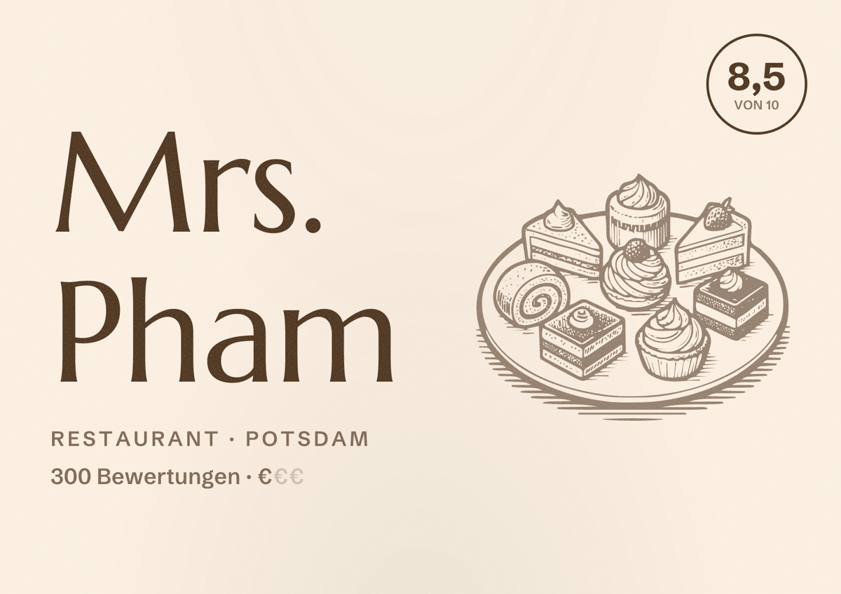 Illustriertes Poster von Mrs. Pham, Restaurant in Potsdam: Bewertung 8,5 von 10 aus 300 Bewertungen, Preisniveau €