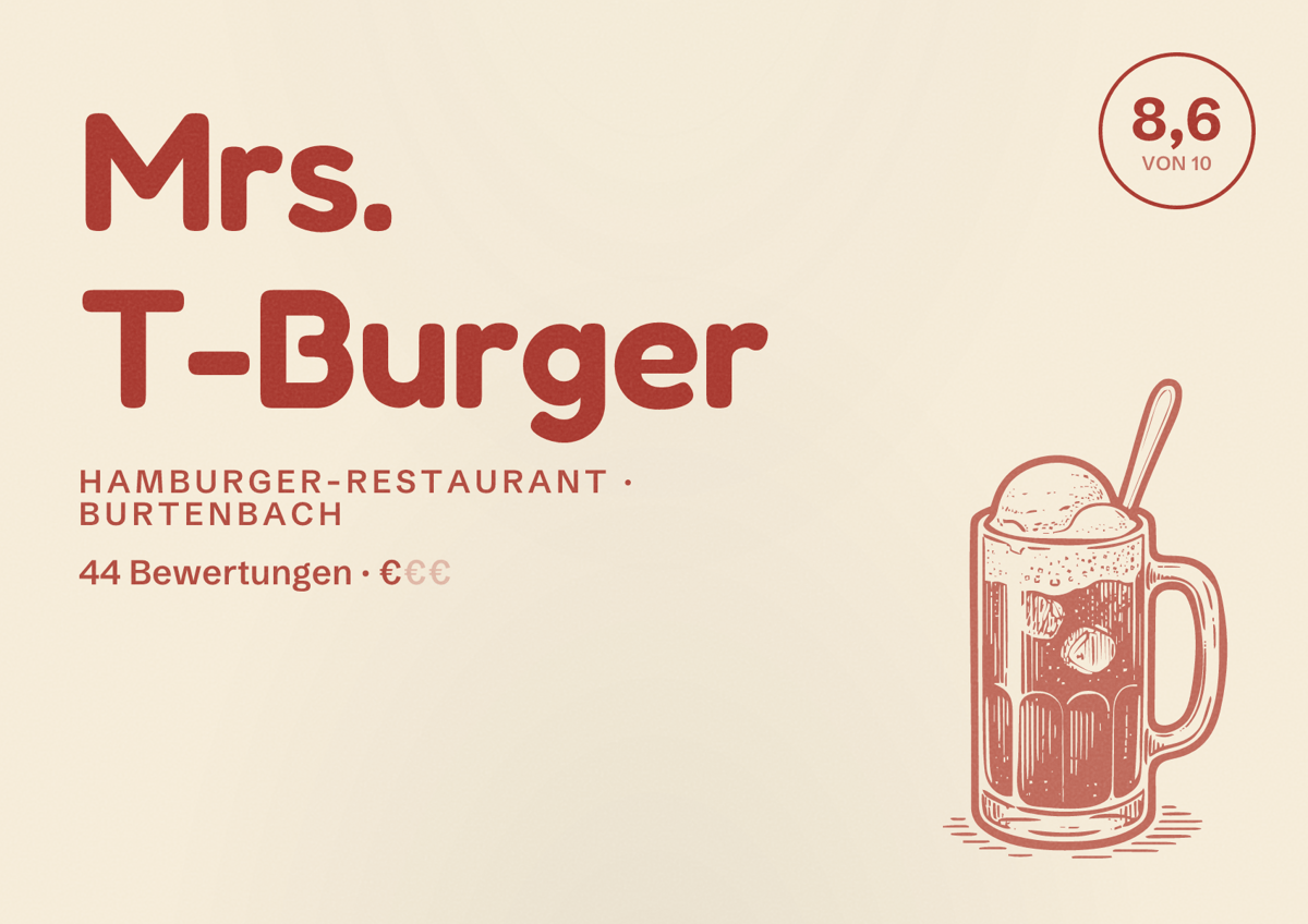 Illustriertes Poster von Mrs. T-Burger, Hamburger-Restaurant in Burtenbach: Bewertung 8,6 von 10 aus 44 Bewertungen, Preisniveau €