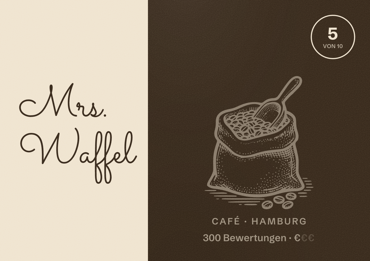 Illustriertes Poster von Mrs. Waffel, Café in Hamburg: Bewertung 5,0 von 10 aus 300 Bewertungen, Preisniveau €