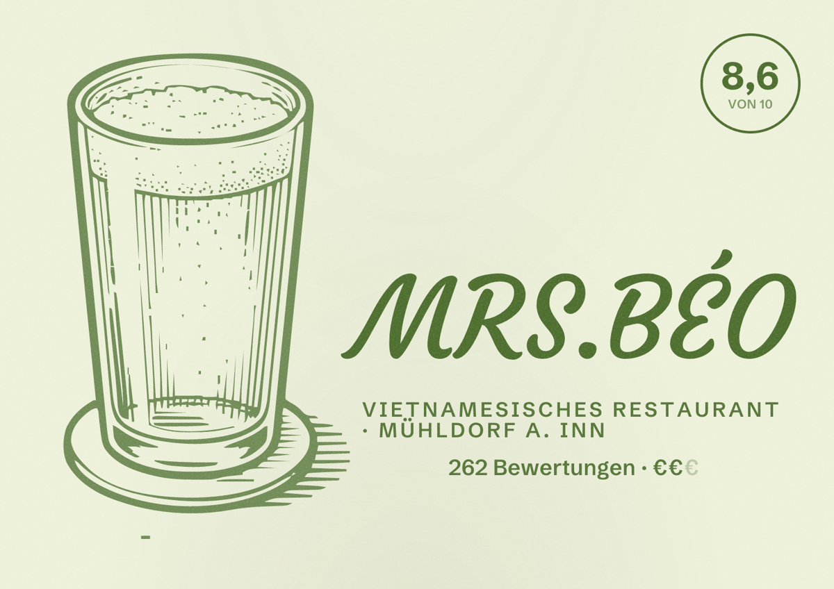 Illustriertes Poster von MRS.BÉO, Vietnamesisches Restaurant in Mühldorf a. Inn: Bewertung 8,6 von 10 aus 262 Bewertungen, Preisniveau €€