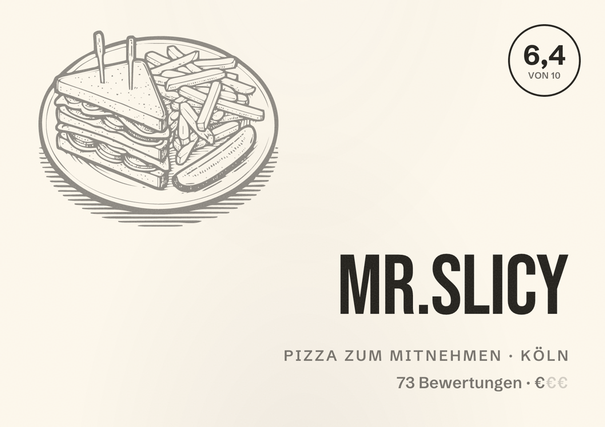 Illustriertes Poster von Mr.Slicy, Pizza zum Mitnehmen in Köln: Bewertung 6,4 von 10 aus 73 Bewertungen, Preisniveau €
