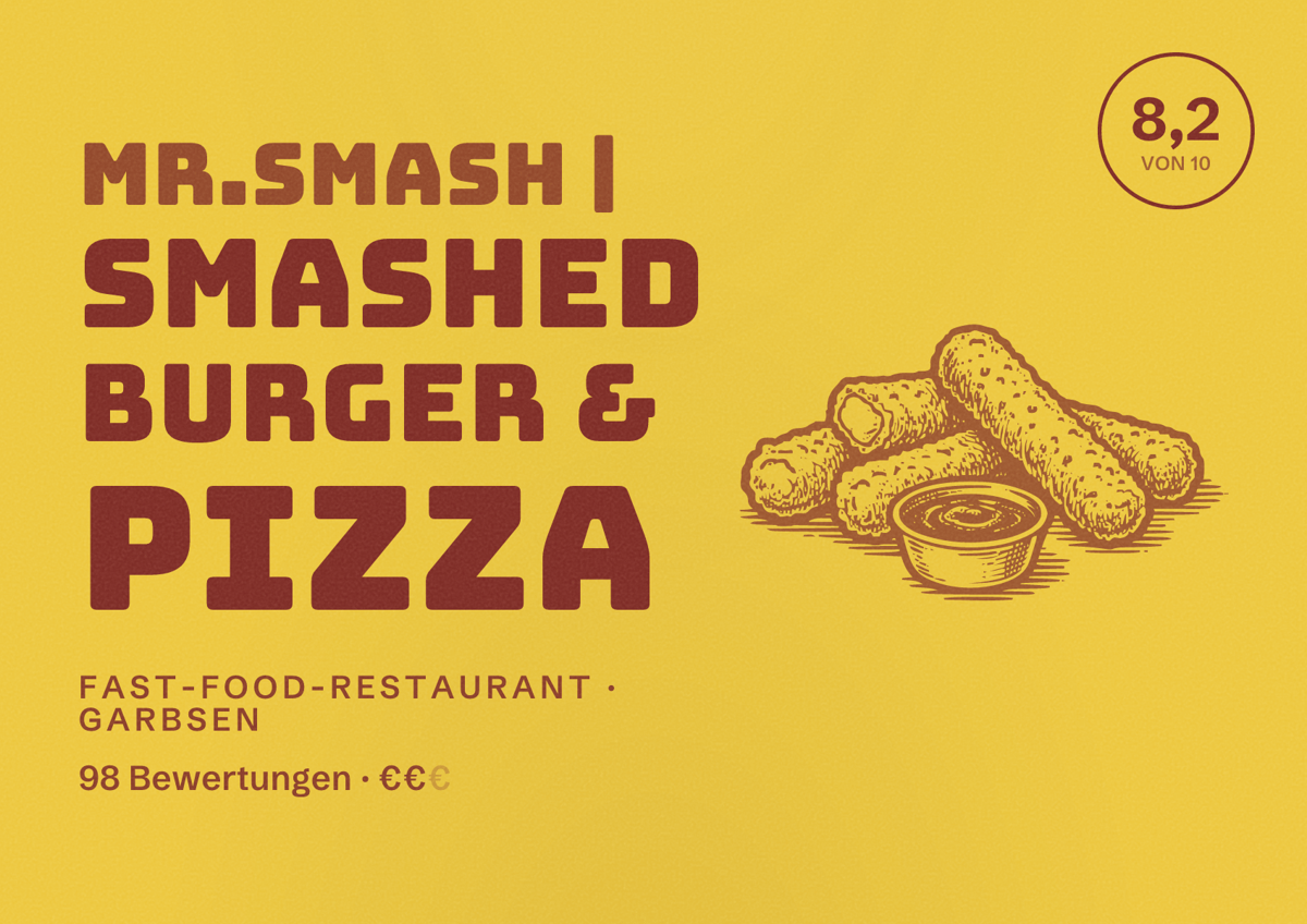 Illustriertes Poster von mr.smash | smashed burger & pizza, Fast-Food-Restaurant in Garbsen: Bewertung 8,2 von 10 aus 98 Bewertungen, Preisniveau €€