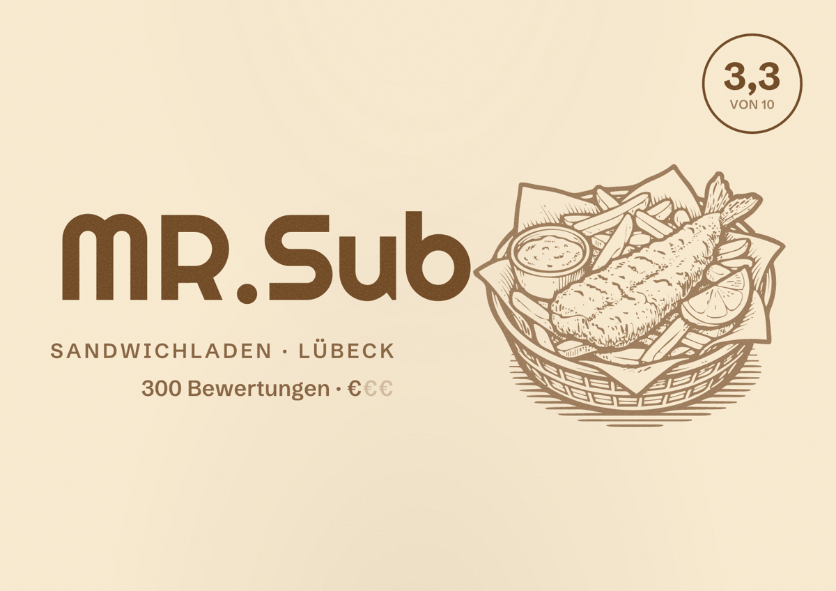 Illustriertes Poster von MR.Sub, Sandwichladen in Lübeck: Bewertung 3,3 von 10 aus 300 Bewertungen, Preisniveau €