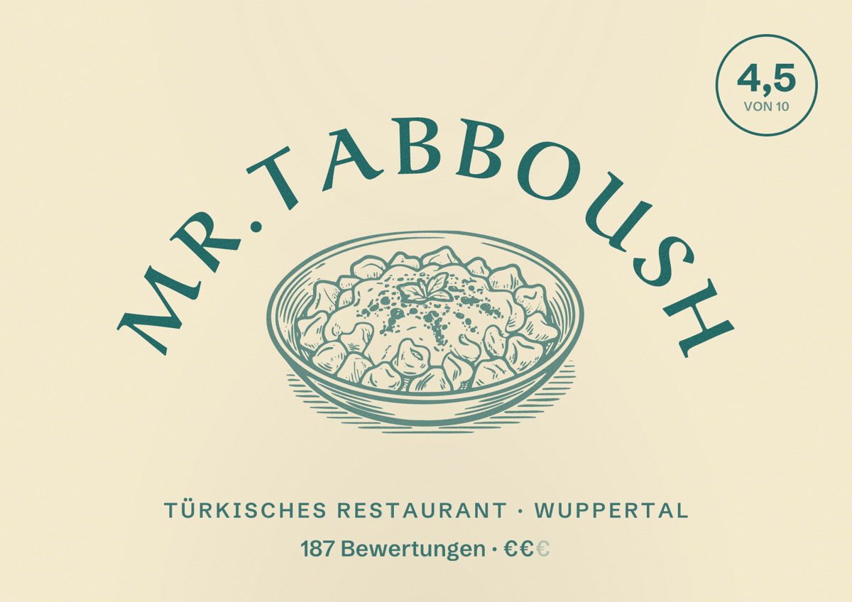Illustriertes Poster von MR.Tabboush, Türkisches Restaurant in Wuppertal: Bewertung 4,5 von 10 aus 187 Bewertungen, Preisniveau €€