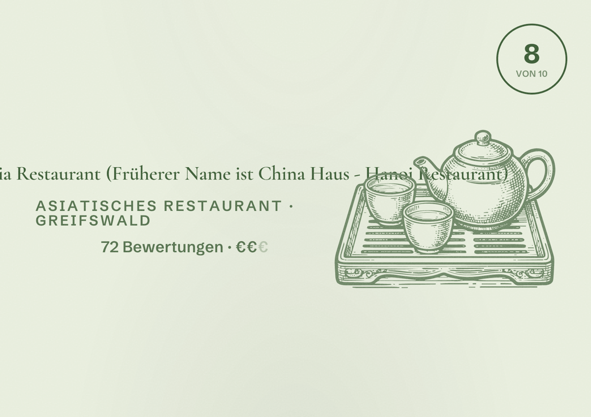 Illustriertes Poster von Mr.Tan Buffet Asia Restaurant (Früherer Name ist China Haus - Hanoi Restaurant), Asiatisches Restaurant in Greifswald: Bewertung 8 von 10 aus 72 Bewertungen, Preisniveau €€