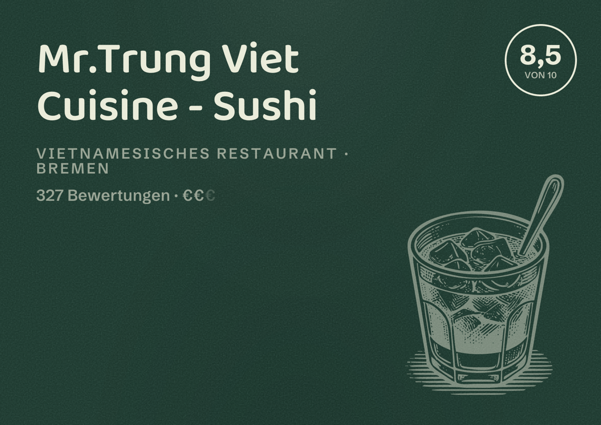 Illustriertes Poster von Mr.Trung Viet Cuisine - Sushi, Vietnamesisches Restaurant in Bremen: Bewertung 8,5 von 10 aus 327 Bewertungen, Preisniveau €€