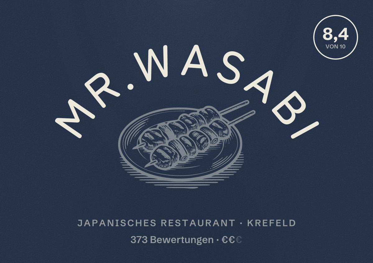 Illustriertes Poster von Mr.WASABI, Japanisches Restaurant in Krefeld: Bewertung 8,4 von 10 aus 373 Bewertungen, Preisniveau €€
