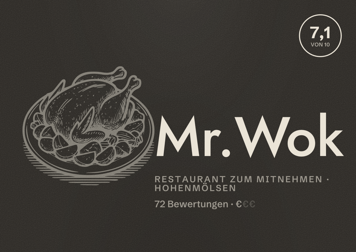 Illustriertes Poster von Mr.Wok, Restaurant zum Mitnehmen in Hohenmölsen: Bewertung 7,1 von 10 aus 72 Bewertungen, Preisniveau €