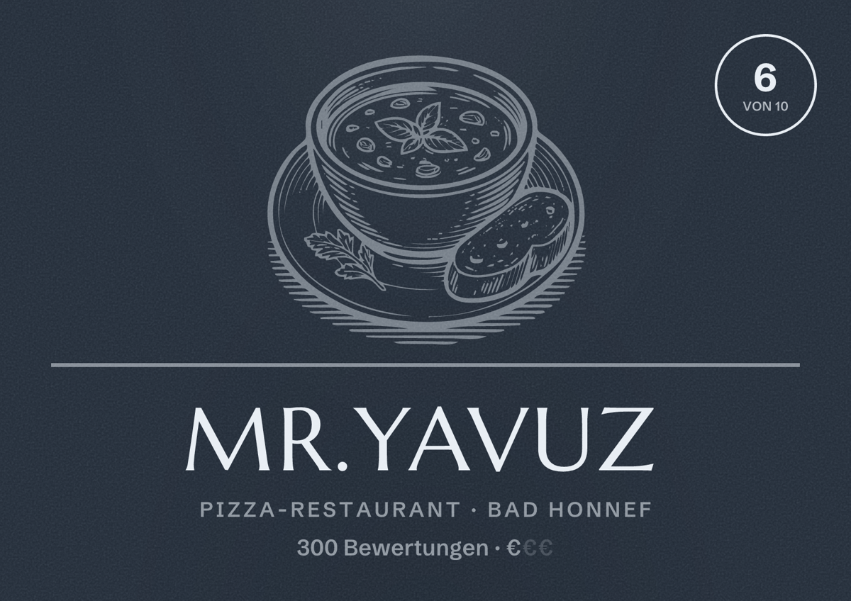 Illustriertes Poster von Mr.Yavuz, Pizza-Restaurant in Bad Honnef: Bewertung 6 von 10 aus 300 Bewertungen, Preisniveau €