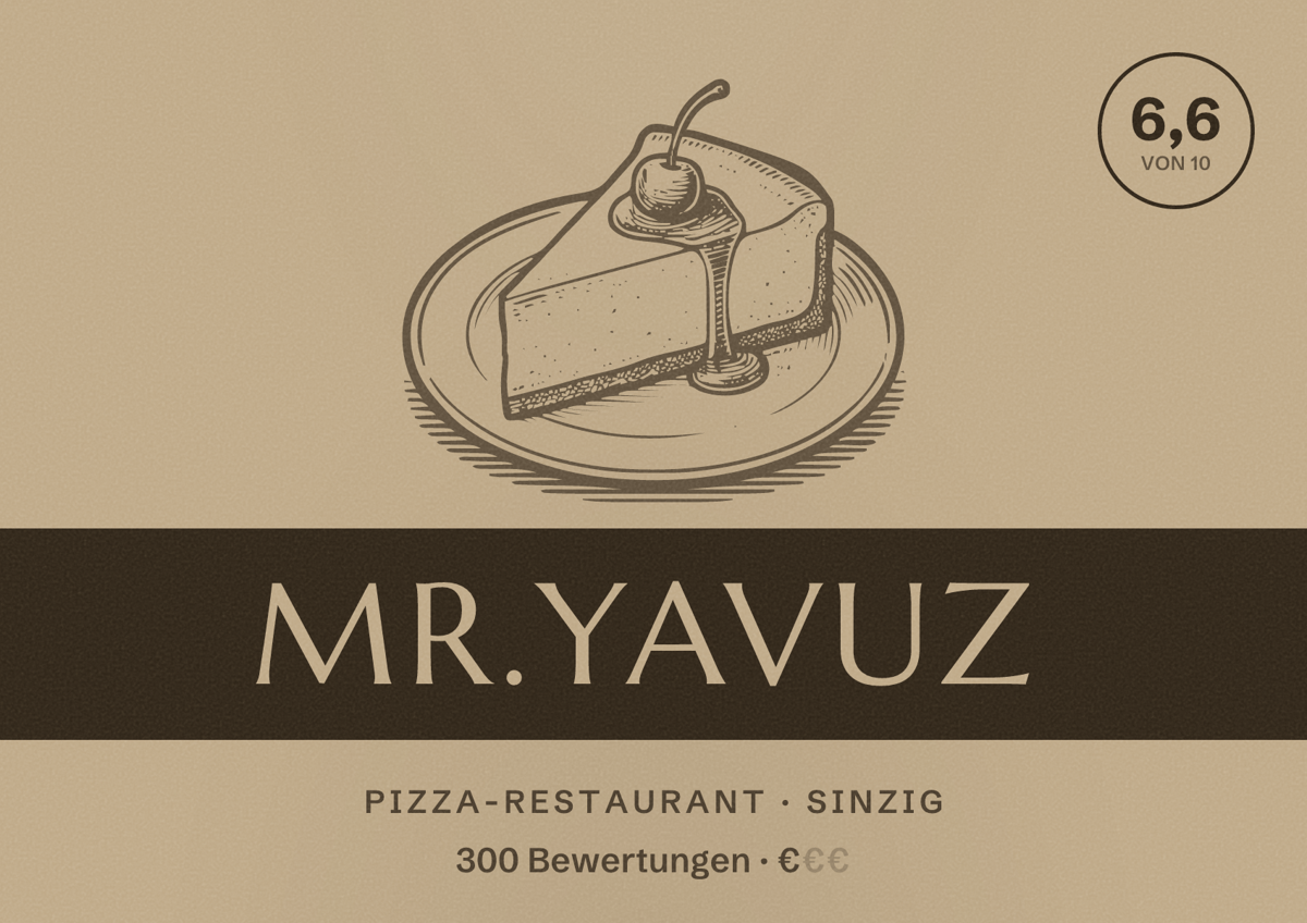 Illustriertes Poster von Mr.Yavuz, Pizza-Restaurant in Sinzig: Bewertung 6,6 von 10 aus 300 Bewertungen, Preisniveau €