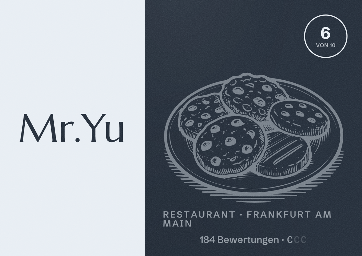 Illustriertes Poster von Mr.Yu, Restaurant in Frankfurt am Main: Bewertung 6,0 von 10 aus 184 Bewertungen, Preisniveau €