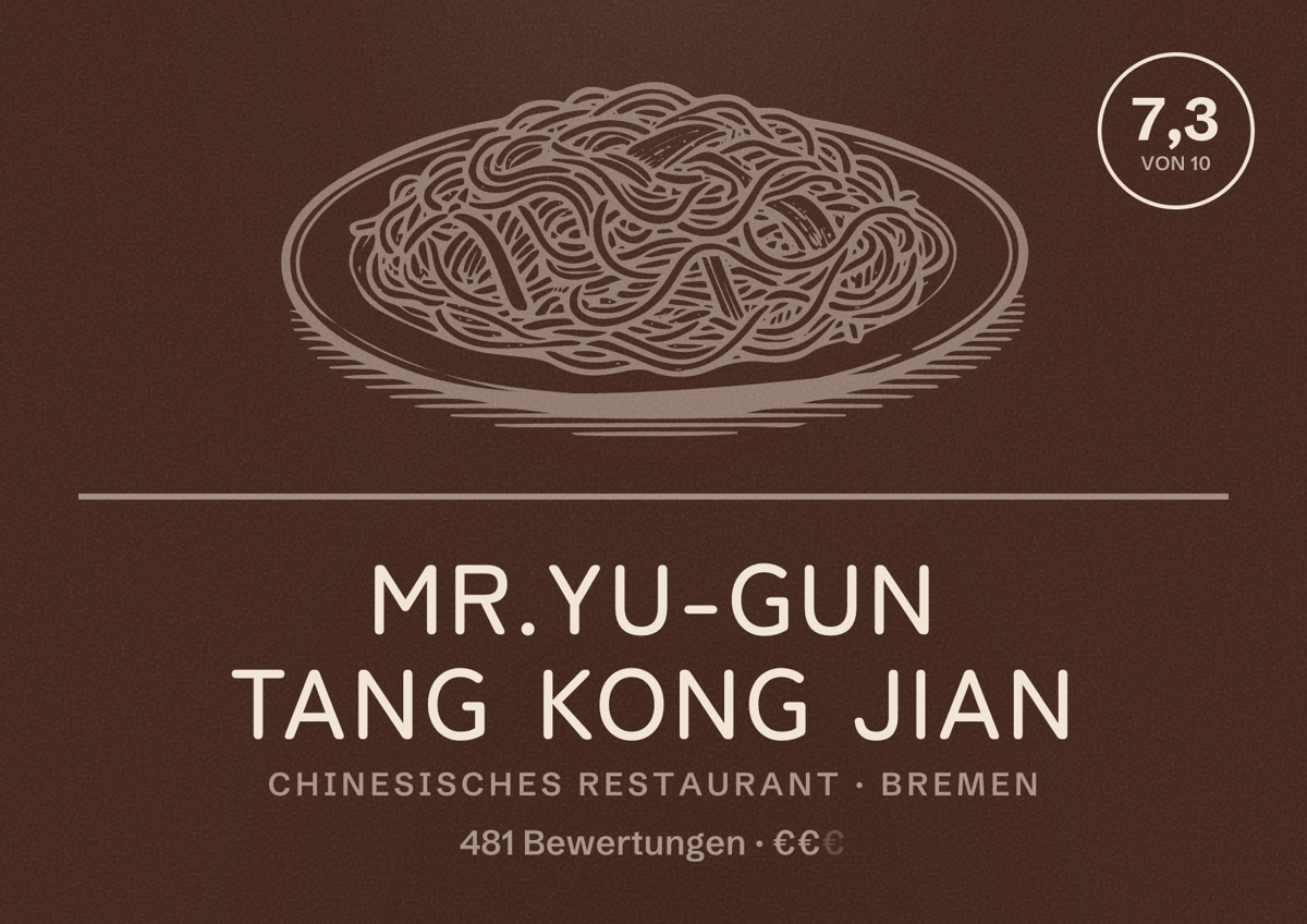 Illustriertes Poster von Mr.Yu-Gun Tang Kong Jian, Chinesisches Restaurant in Bremen: Bewertung 7,3 von 10 aus 481 Bewertungen, Preisniveau €€