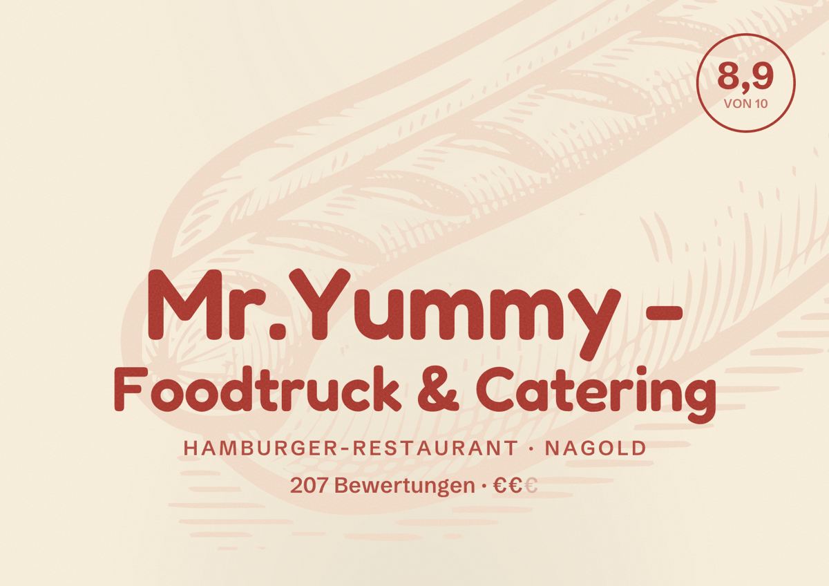 Illustriertes Poster von Mr.Yummy - Foodtruck & Catering, Hamburger-Restaurant in Nagold: Bewertung 8,9 von 10 aus 207 Bewertungen, Preisniveau €€