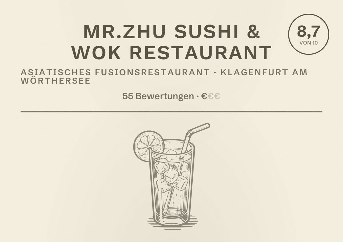 Illustriertes Poster von MR.ZHU Sushi & Wok Restaurant, Asiatisches Fusionsrestaurant in Klagenfurt am Wörthersee: Bewertung 8,7 von 10 aus 55 Bewertungen, Preisniveau €