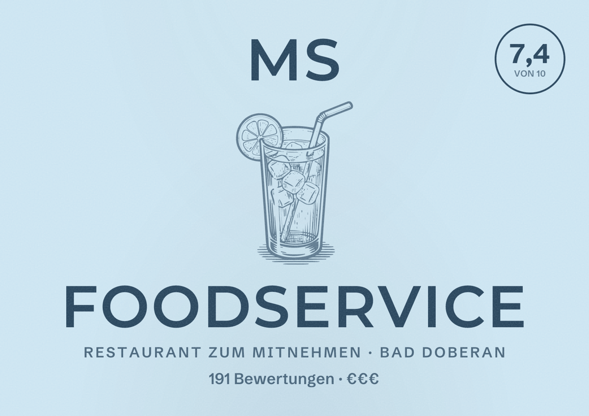 Illustriertes Poster von MS Foodservice, Restaurant zum Mitnehmen in Bad Doberan: Bewertung 7,4 von 10 aus 191 Bewertungen, Preisniveau €€€