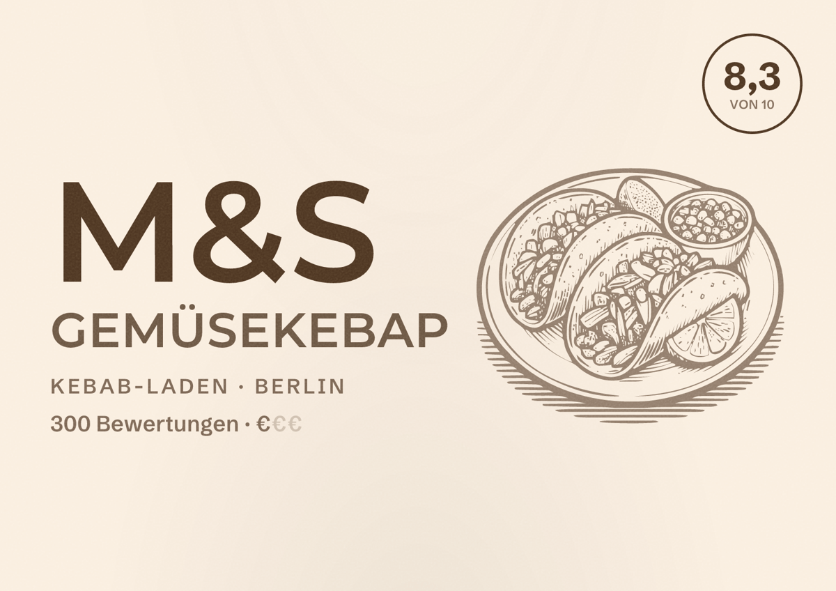 Illustriertes Poster von M&S Gemüsekebap, Kebab-Laden in Berlin: Bewertung 8,3 von 10 aus 300 Bewertungen, Preisniveau €