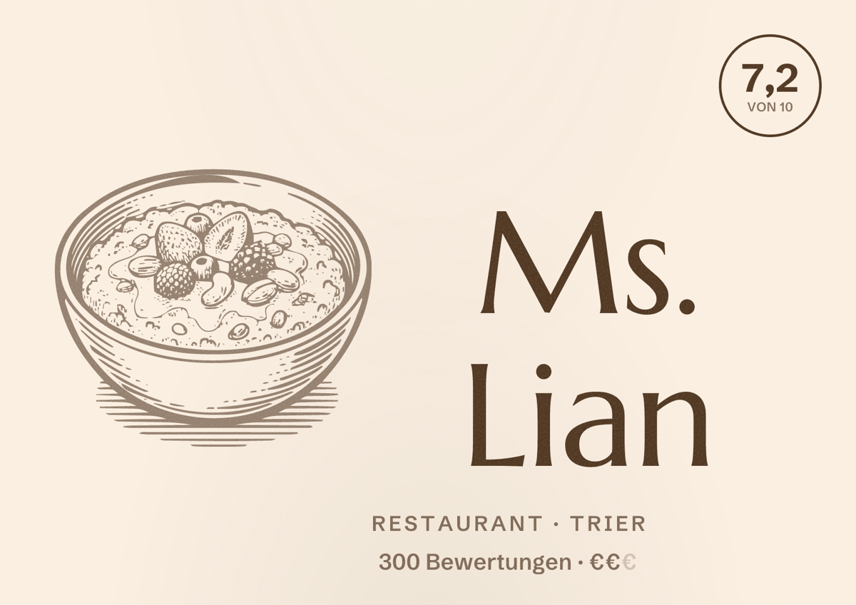 Illustriertes Poster von Ms. Lian, Restaurant in Trier: Bewertung 7,2 von 10 aus 300 Bewertungen, Preisniveau €€