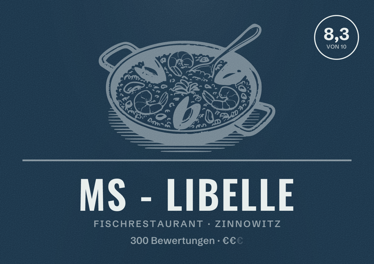Illustriertes Poster von MS - Libelle, Fischrestaurant in Zinnowitz: Bewertung 8,3 von 10 aus 300 Bewertungen, Preisniveau €€