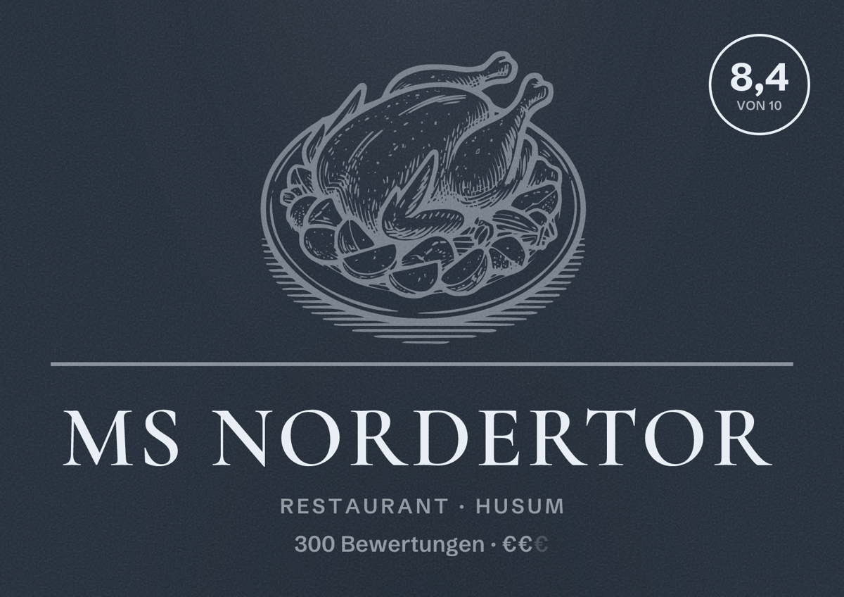 Illustriertes Poster von MS Nordertor, Restaurant in Husum: Bewertung 8,4 von 10 aus 300 Bewertungen, Preisniveau €€