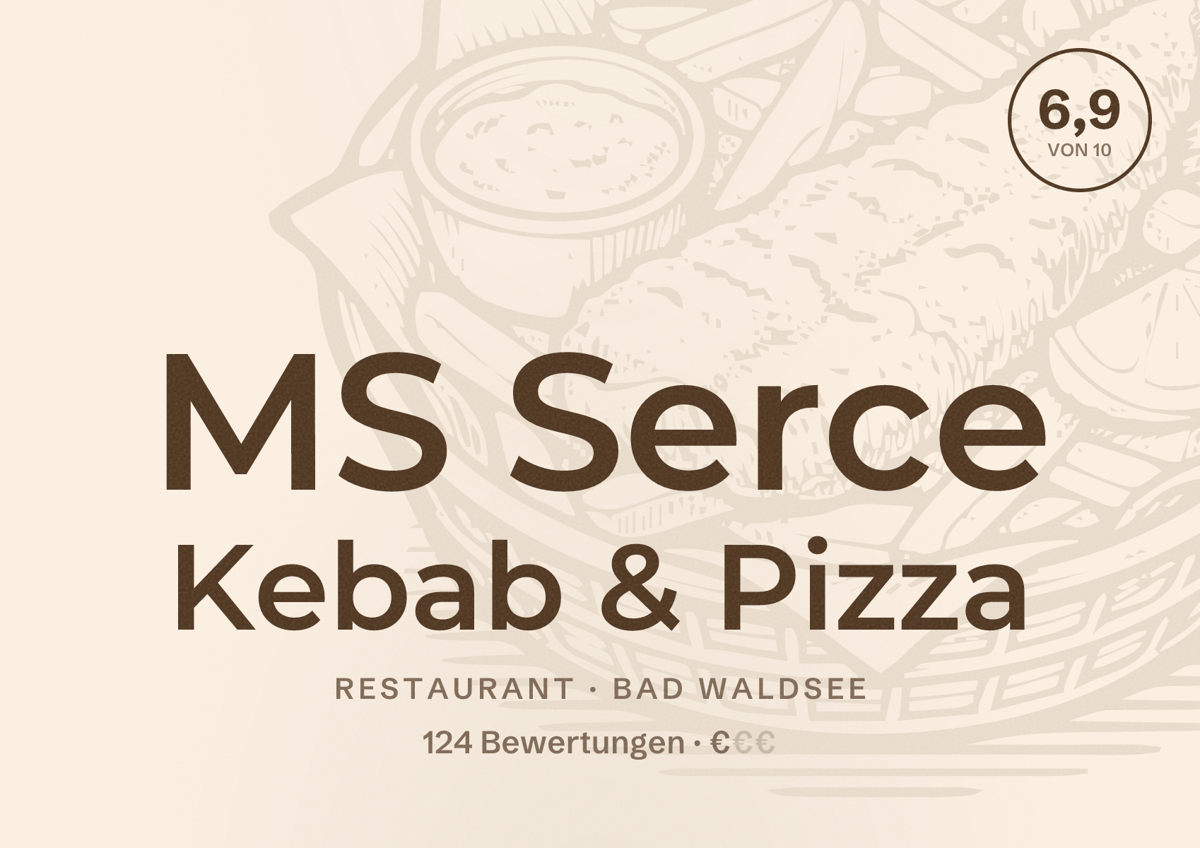 Illustriertes Poster von MS Serce Kebab & Pizza, Restaurant in Bad Waldsee: Bewertung 6,9 von 10 aus 124 Bewertungen, Preisniveau €