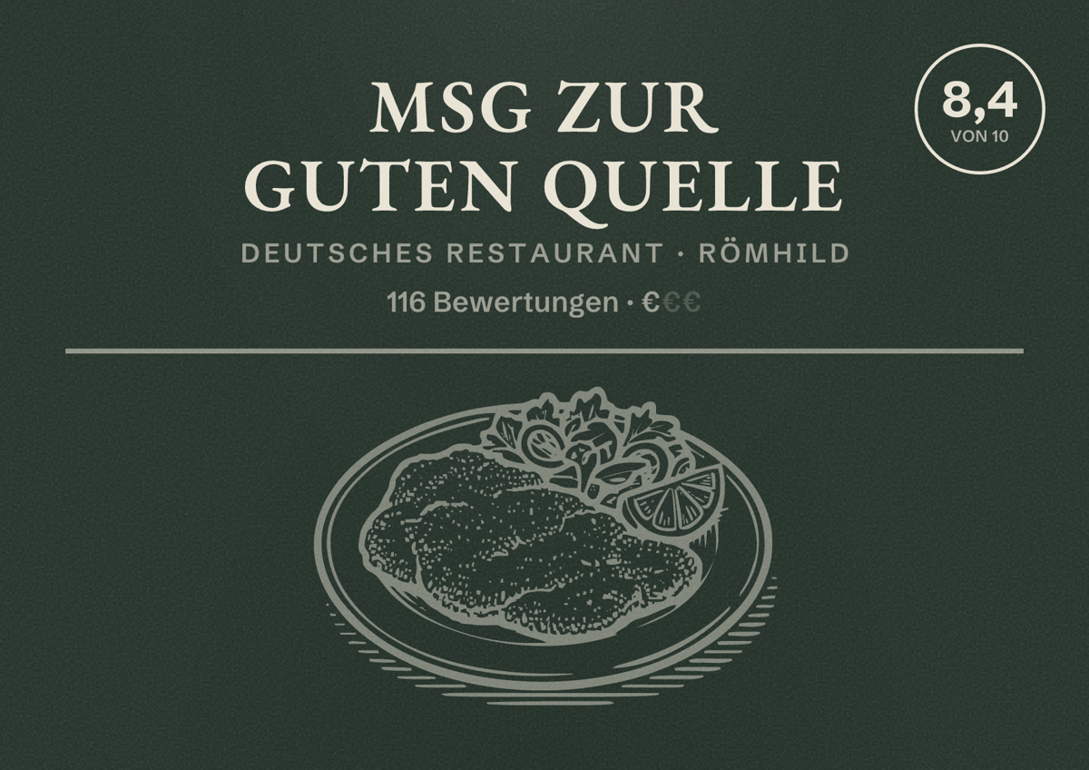 Illustriertes Poster von MSG Zur guten Quelle, Deutsches Restaurant in Römhild: Bewertung 8,4 von 10 aus 116 Bewertungen, Preisniveau €