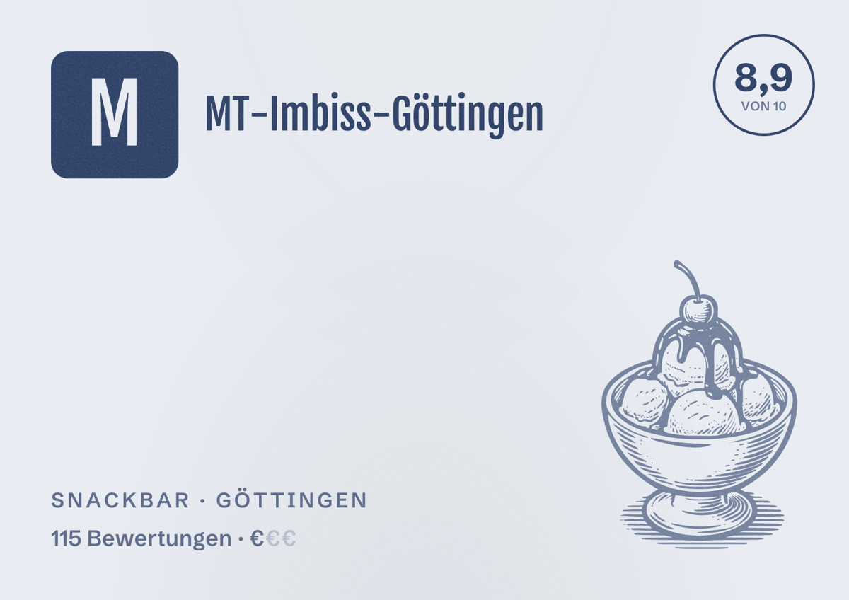 Illustriertes Poster von MT-Imbiss-Göttingen, Snackbar in Göttingen: Bewertung 8,9 von 10 aus 115 Bewertungen, Preisniveau €