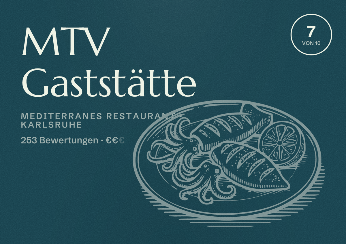 Illustriertes Poster von MTV Gaststätte, Mediterranes Restaurant in Karlsruhe: Bewertung 7 von 10 aus 253 Bewertungen, Preisniveau €€