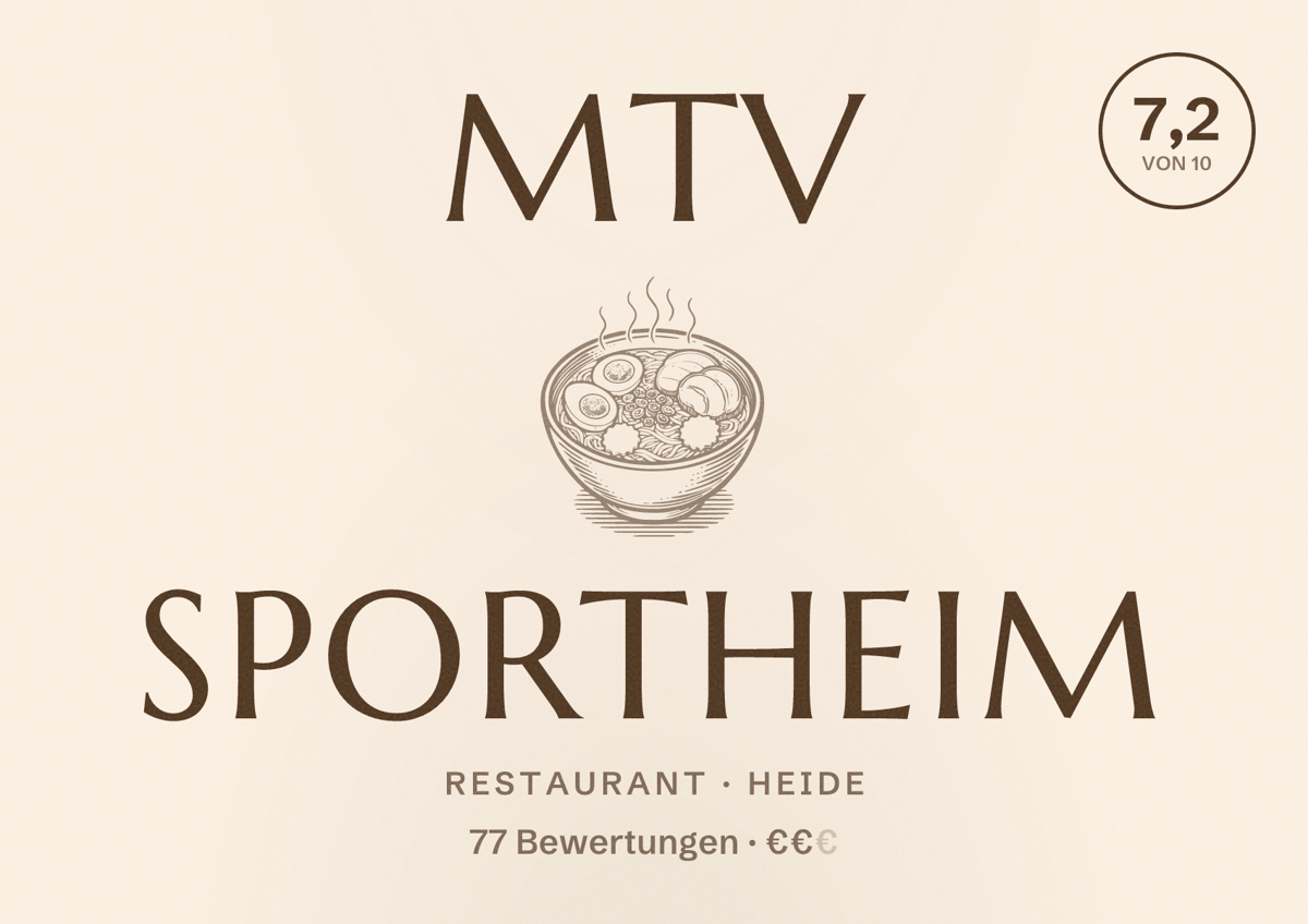 Illustriertes Poster von MTV Sportheim, Restaurant in Heide: Bewertung 7,2 von 10 aus 77 Bewertungen, Preisniveau €€
