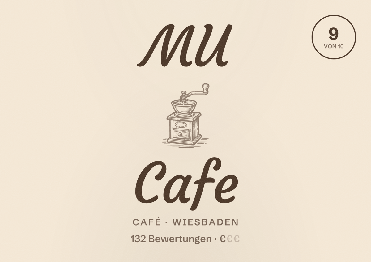 Illustriertes Poster von MU Cafe, Café in Wiesbaden: Bewertung 9,0 von 10 aus 132 Bewertungen, Preisniveau €