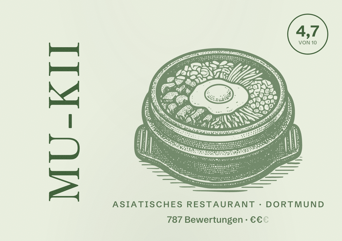Illustriertes Poster von Mu-Kii, Asiatisches Restaurant in Dortmund: Bewertung 4,7 von 10 aus 787 Bewertungen, Preisniveau €€
