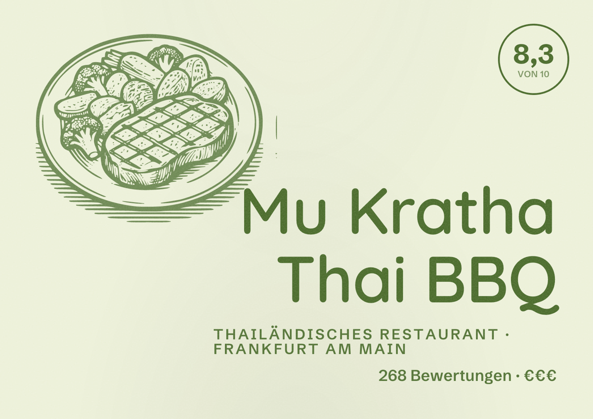 Illustriertes Poster von Mu Kratha Thai BBQ, Thailändisches Restaurant in Frankfurt am Main: Bewertung 8,3 von 10 aus 268 Bewertungen, Preisniveau €€€