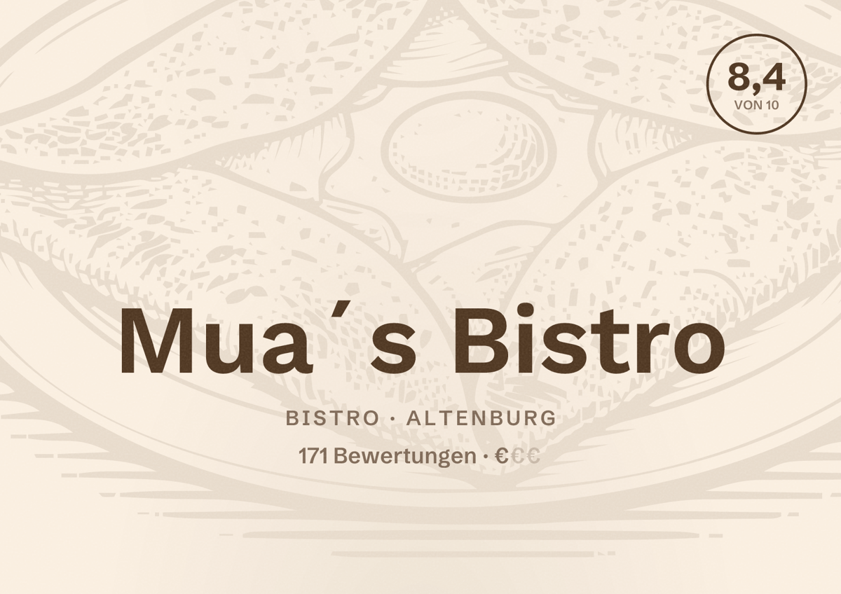 Illustriertes Poster von Mua´s Bistro, Bistro in Altenburg: Bewertung 8,4 von 10 aus 171 Bewertungen, Preisniveau €