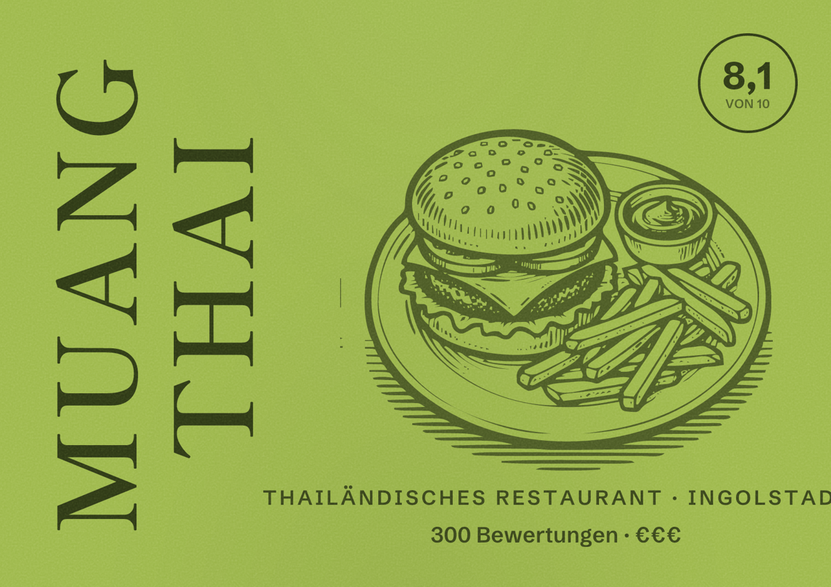 Illustriertes Poster von Muang Thai, Thailändisches Restaurant in Ingolstadt: Bewertung 8,1 von 10 aus 300 Bewertungen, Preisniveau €€€
