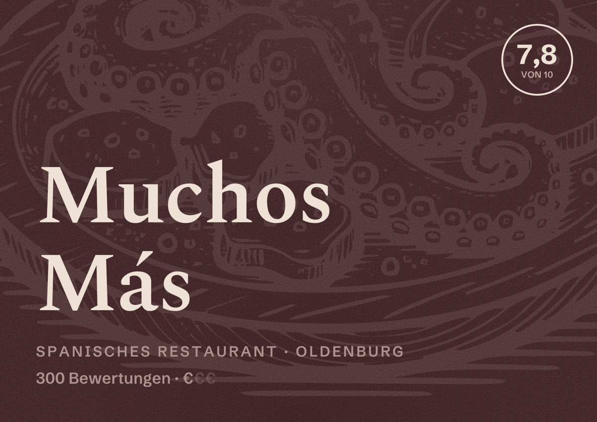 Illustriertes Poster von Muchos Más, Spanisches Restaurant in Oldenburg: Bewertung 7,8 von 10 aus 300 Bewertungen, Preisniveau €