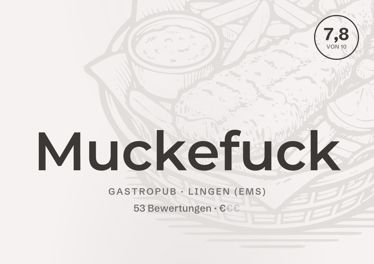 Illustriertes Poster von Muckefuck, Gastropub in Lingen (Ems): Bewertung 7,8 von 10 aus 53 Bewertungen, Preisniveau €